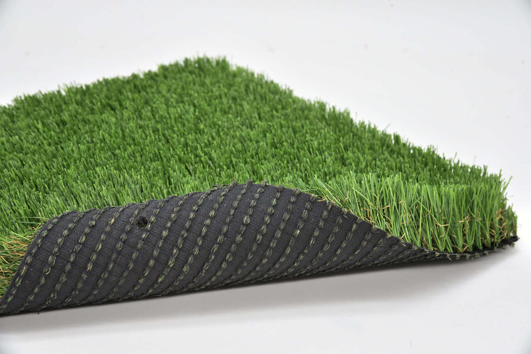 Premium 40mm synthetic turf with green blades and black backing, perfect for affordable and maintenance-free outdoor spaces.