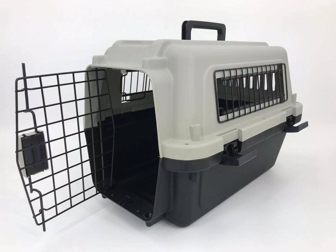 Medium portable pet carrier for dogs and cats with safety lock, spacious design, and easy access for travel.