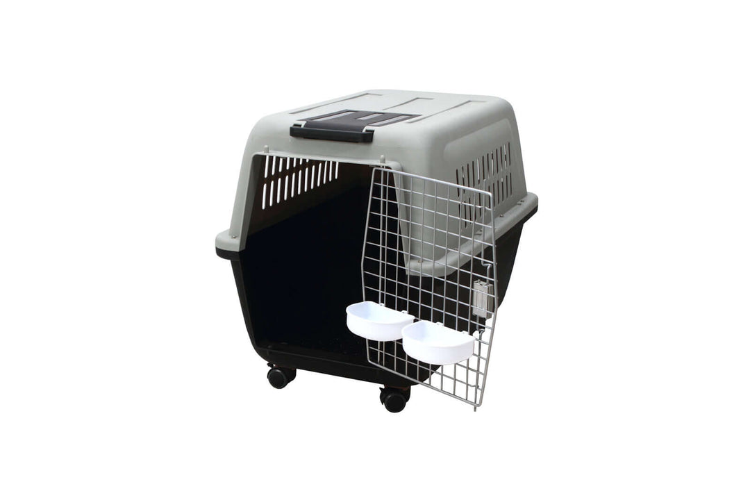 YES4PETS XL Plastic Kennel Pet Carrier with wheels, removable water bowls, and ventilation for dogs and cats.