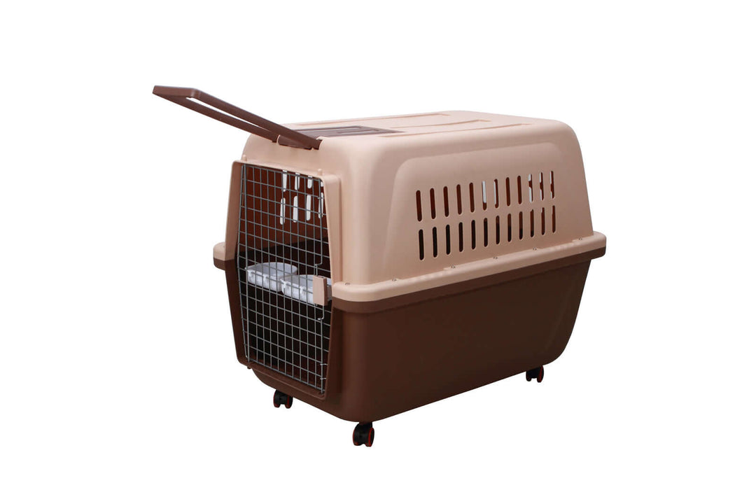 Affordable YES4PETS XL plastic pet carrier with handle and removable wheels for dogs and cats in brown.