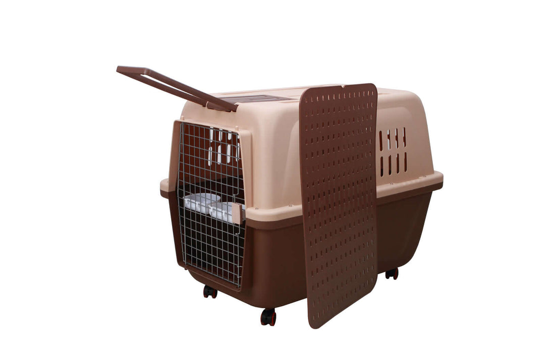 YES4PETS XL plastic pet carrier in brown, sturdy design with handle, removable wheels, and ventilation holes.