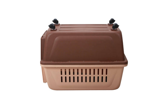 XL plastic pet carrier in brown with ventilation holes, built-in handles, and removable locking wheels.