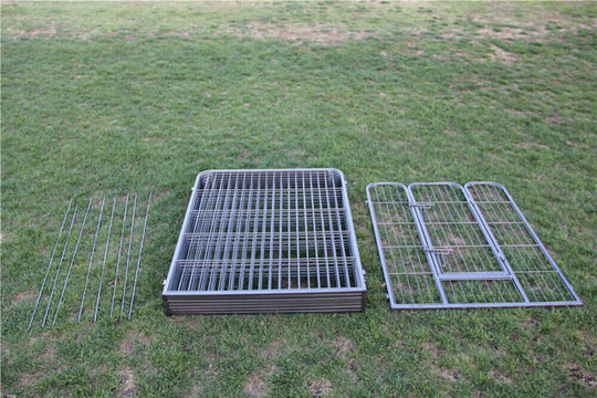 YES4PETS heavy-duty pet playpen components laid out on grass, offering affordable, quality DIY design and easy setup.