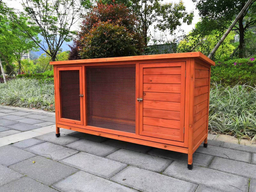 XXL rabbit hutch and guinea pig cage in natural wood finish, perfect for small animals with large access doors.