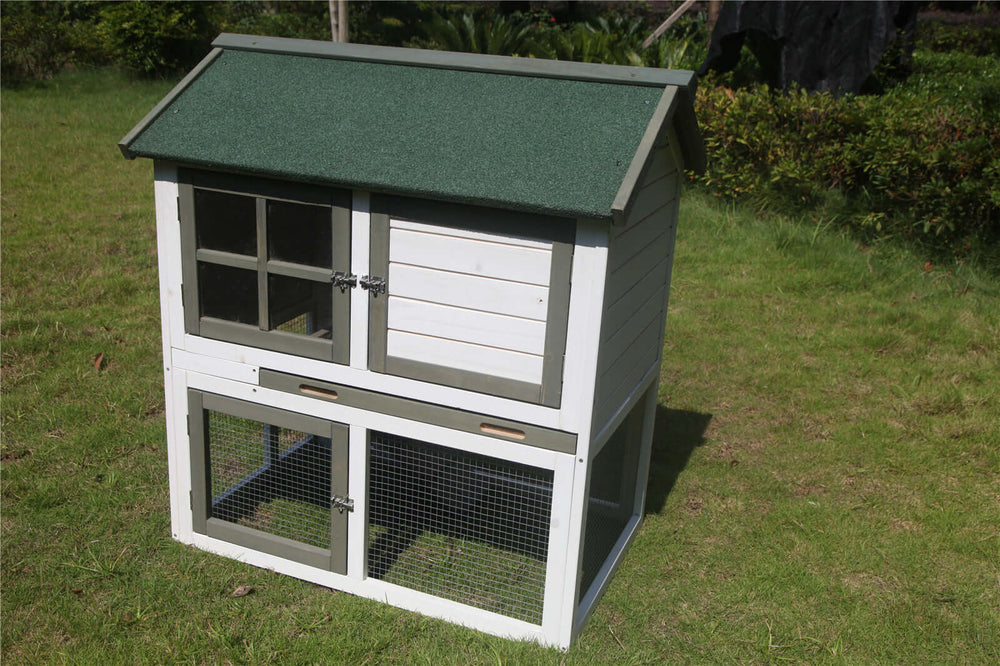 Affordable XL double storey rabbit hutch with waterproof roof, suitable for small animals like guinea pigs and ferrets.