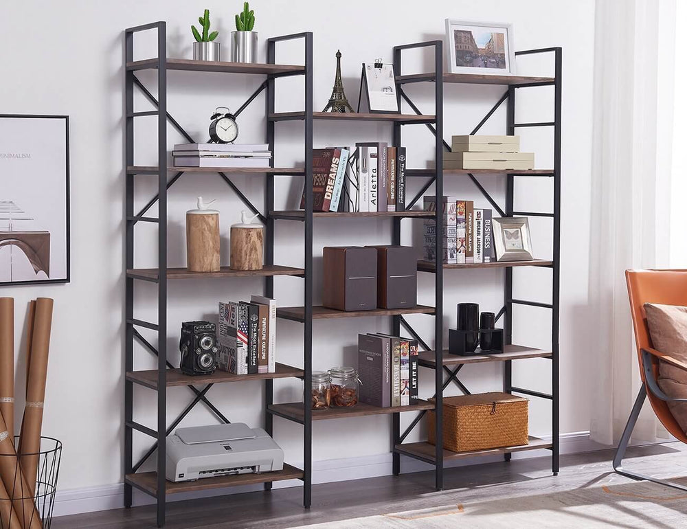 Industrial vintage bookshelf with wood and metal design, perfect for home and office storage.