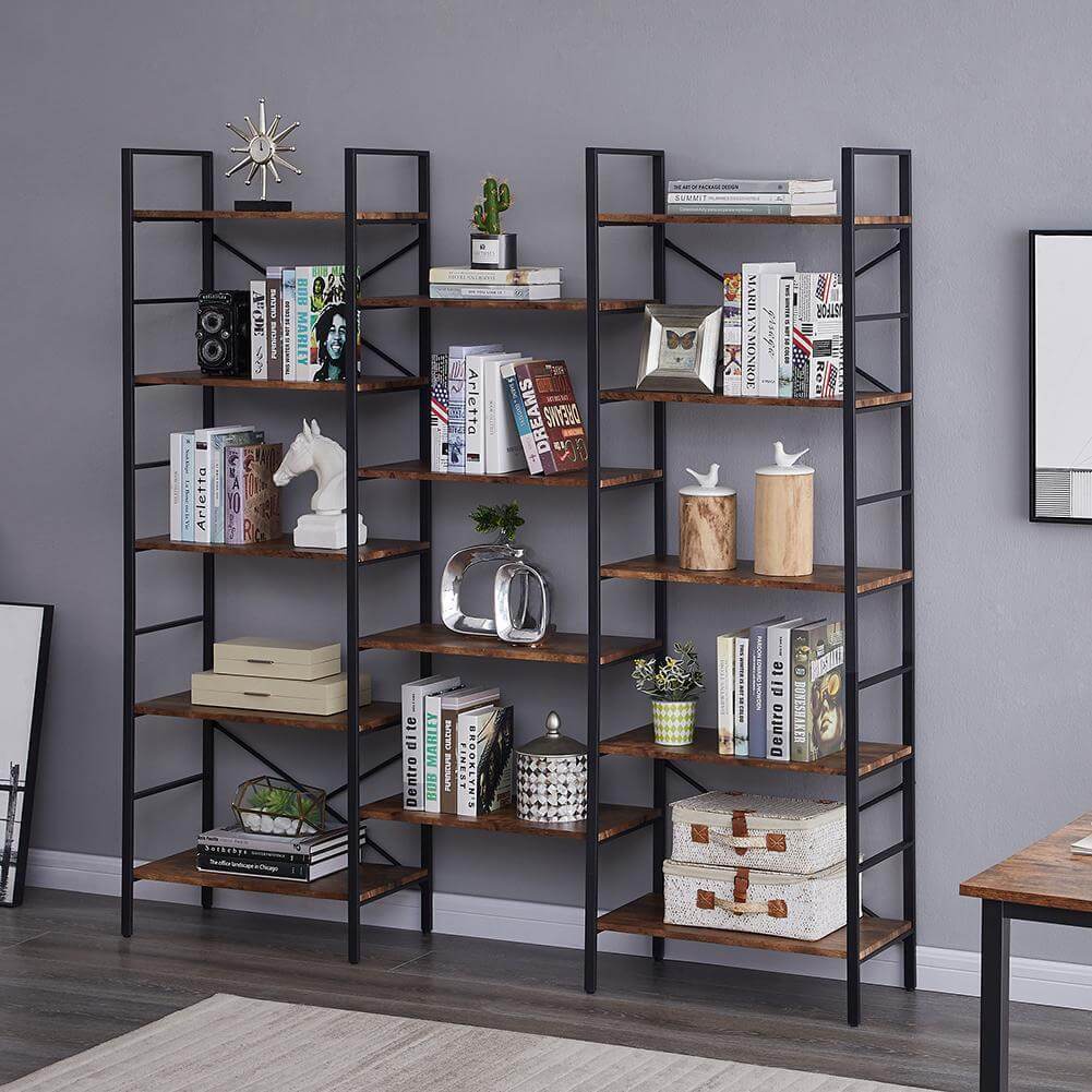 YES4HOMES industrial bookshelf in vintage wood and metal design with 14 shelves for home or office decor.