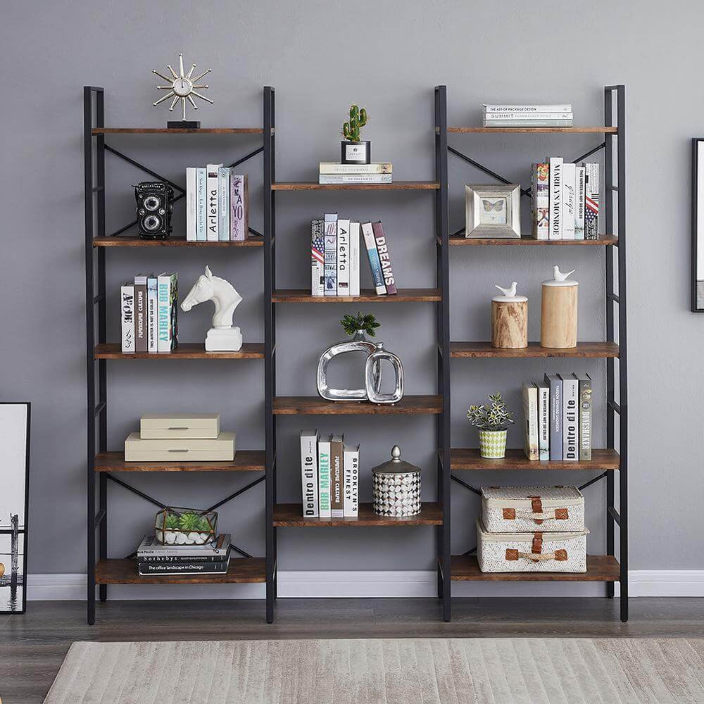 Industrial bookshelf featuring open design with vintage wood and metal, ideal storage for books and decor.