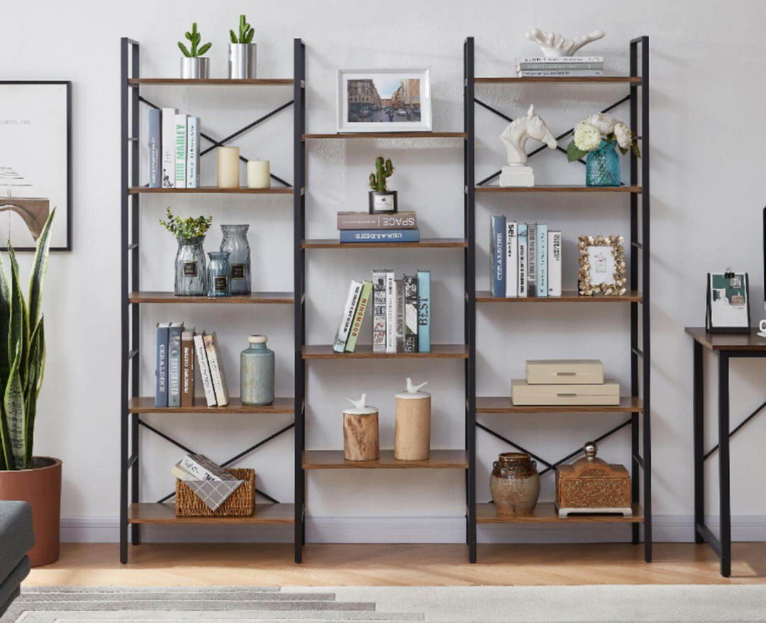 Industrial vintage bookshelf with wood and metal design, featuring multiple shelves for books and decor in a modern home setting.