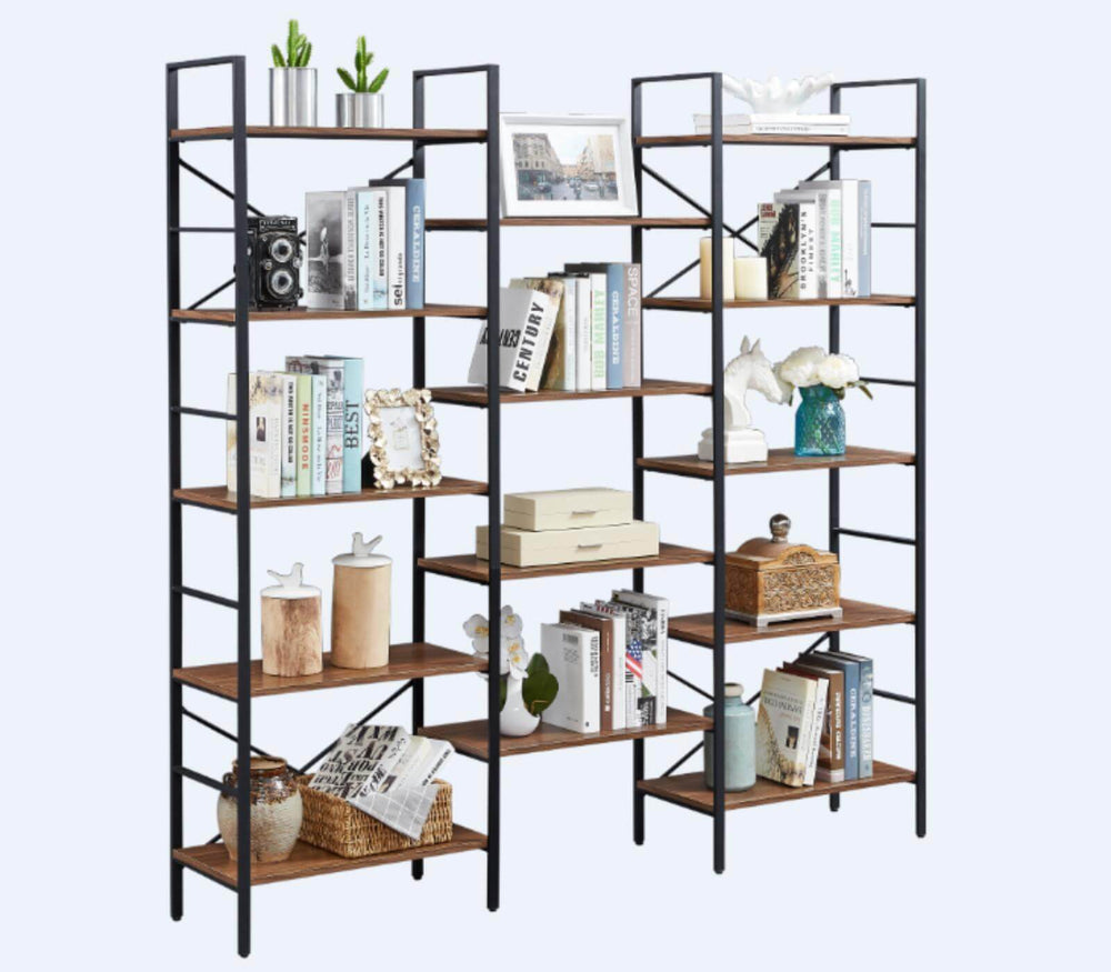 Industrial vintage bookshelf with wood and metal design, showcasing multiple shelves for books and decor.