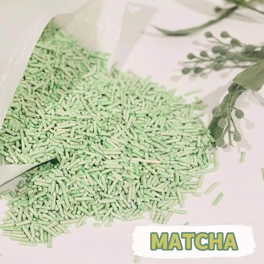 Matcha biodegradable cat litter pellets in green, eco-friendly and flushable, perfect for environmentally conscious pet owners.