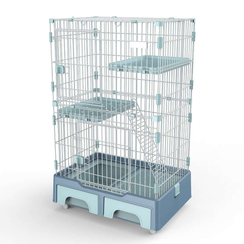 3-level blue cat cage with storage box and litter tray, easy assembly, affordable pet house.