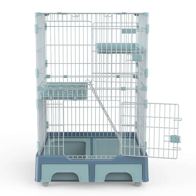 YES4PETS 134 cm blue 3-level cat cage with litter tray, storage box, and heavy-duty mesh for pets.