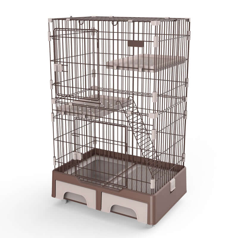 YES4PETS 134 cm brown 3-level cat cage with litter tray, storage box, and ladder for easy pet access.