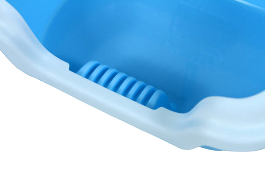 Close-up of YES4PETS portable cat rabbit toilet litter box in blue, highlighting easy-to-clean design and drainage features.