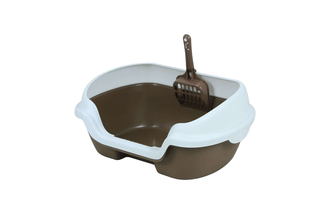 YES4PETS small portable cat litter box in brown with scoop, designed to minimize mess and easy to clean.