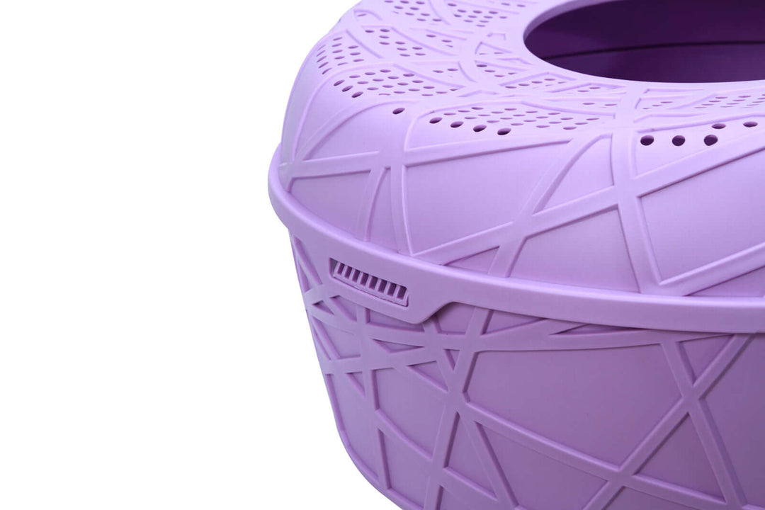 Purple portable cat toilet litter box with high walls and ventilation holes, designed for easy cleaning and minimal mess.