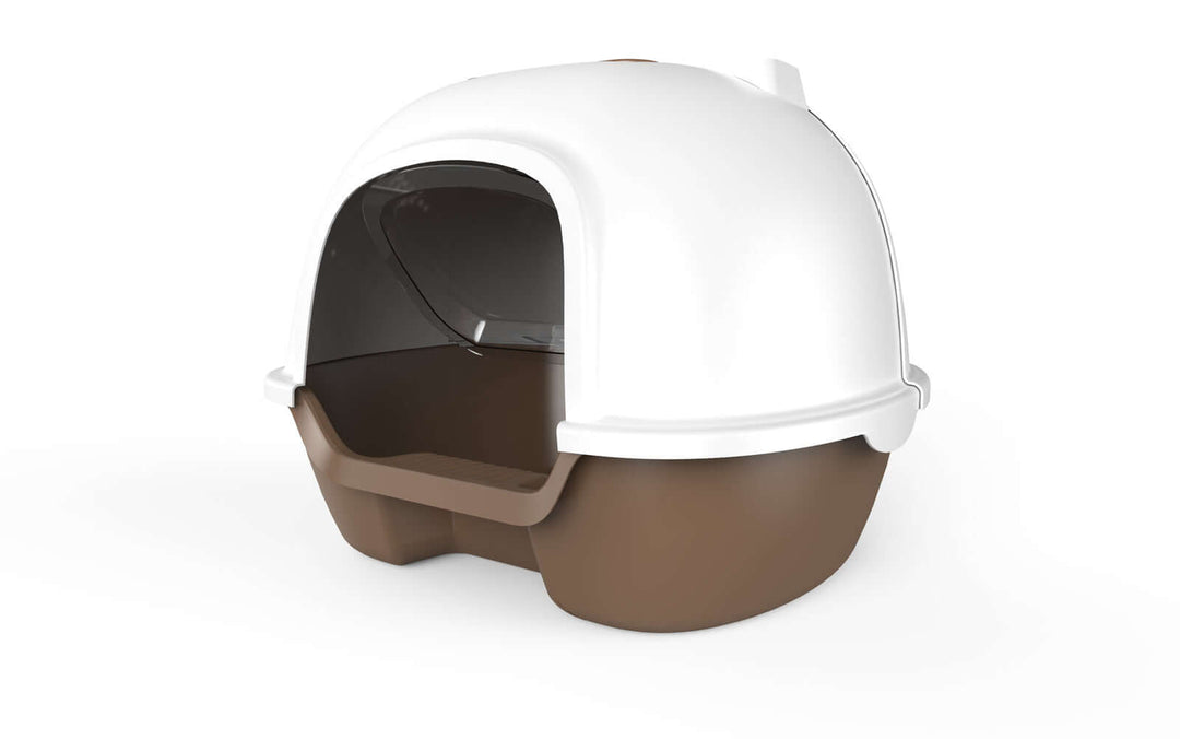 Portable hooded cat litter box with brown base and white top, designed for privacy and odor control. Affordable and quality DIY option.