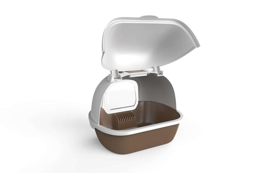 Portable hooded cat litter box with scoop and handle in brown, designed for litter control and privacy for cats.