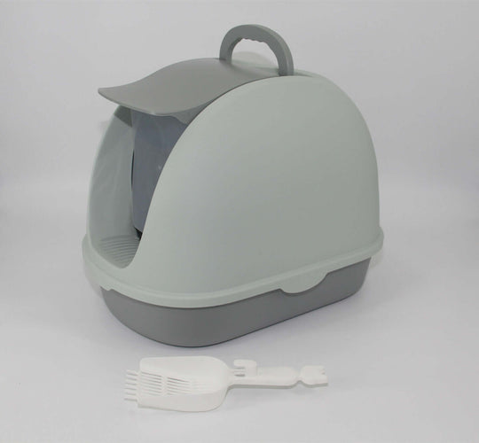 Affordable YES4PETS portable hooded cat toilet litter box in grey with scoop, designed to contain litter and control odors.