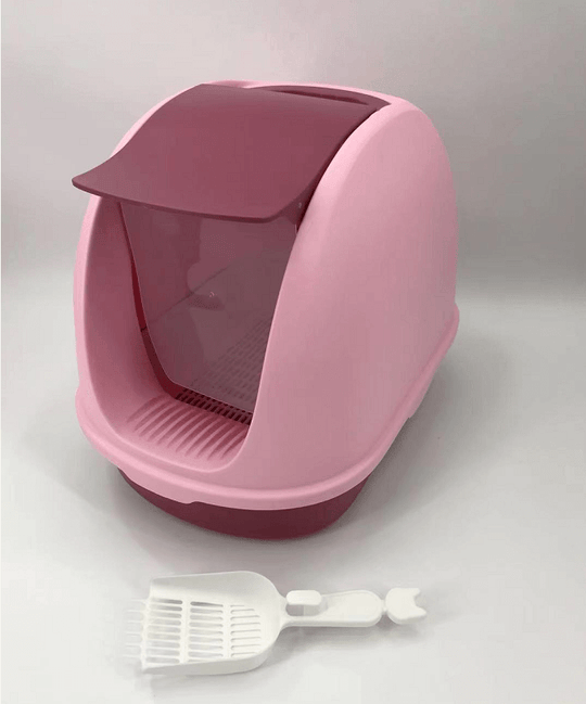 Portable hooded cat litter box in pink with scoop, designed for privacy and odor control, perfect for DIY pet owners.