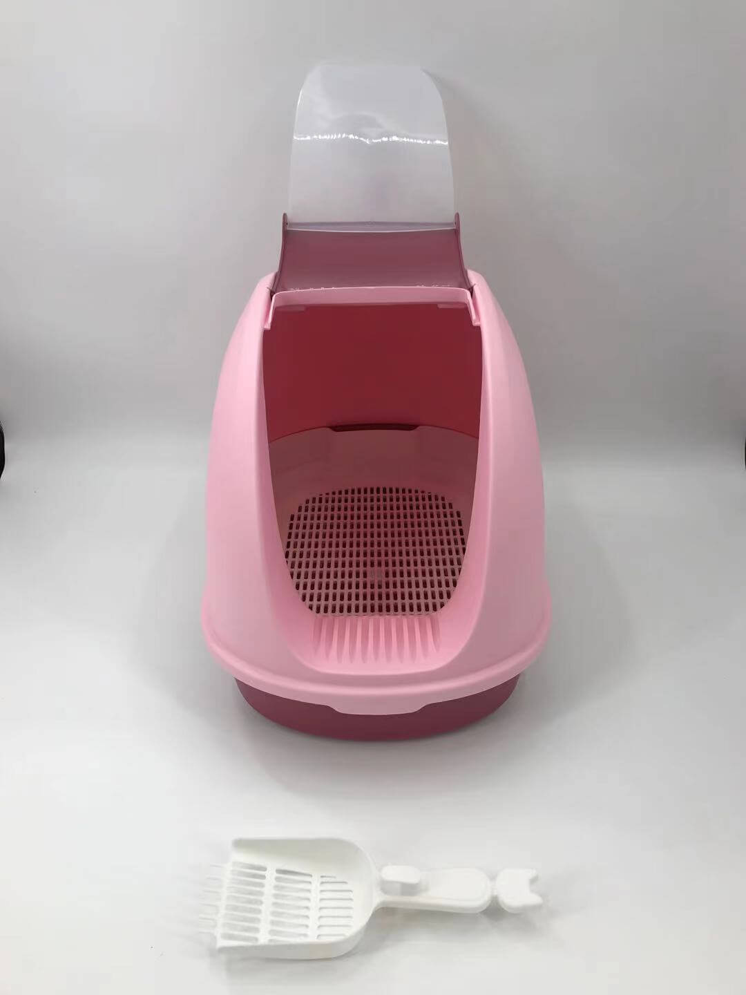 YES4PETS Portable Hooded Cat Toilet Litter Box Tray in pink with scoop and grid tray for litter control and odor ventilation.