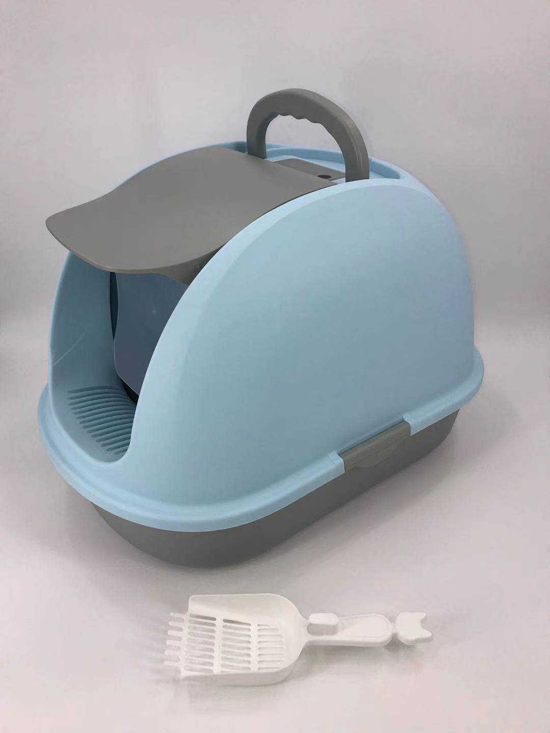 XL hooded cat litter box tray in blue with scoop, designed for privacy and odor control, affordable pet solution.