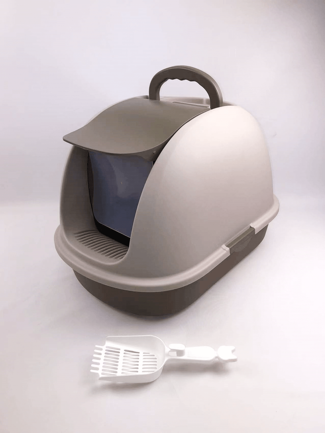 YES4PETS XL Portable Hooded Cat Toilet Litter Box Tray in brown with white scoop, offering affordable quality and stylish design.