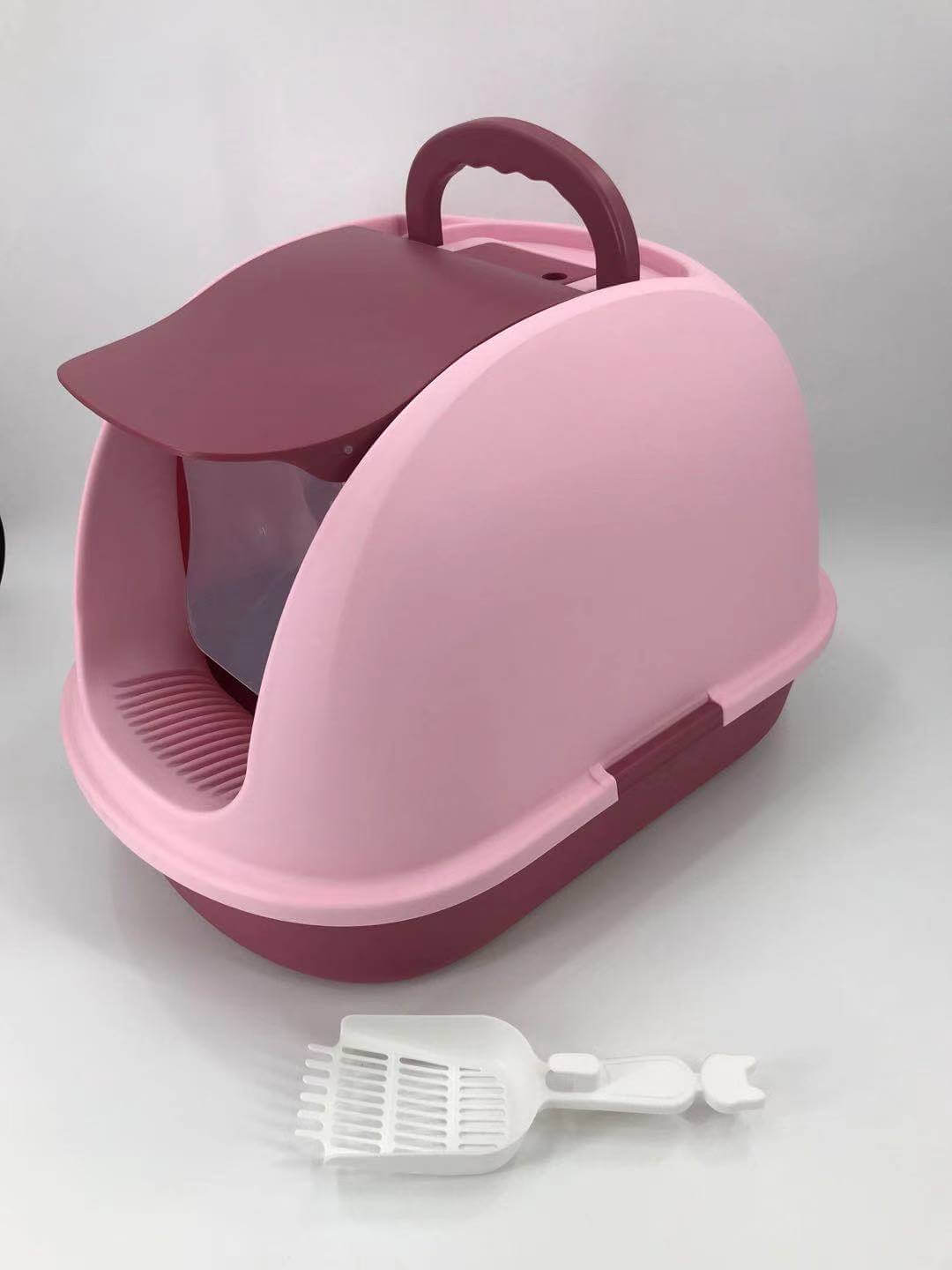 XL Portable Hooded Cat Toilet Litter Box in pink with scoop, offering privacy and odor control for affordable quality pet care.