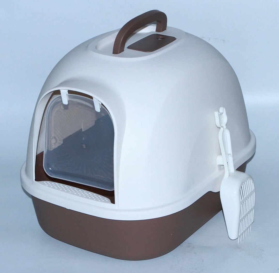 Portable hooded cat litter box in brown with handle and scoop, designed for privacy and odor control, affordable quality solution.