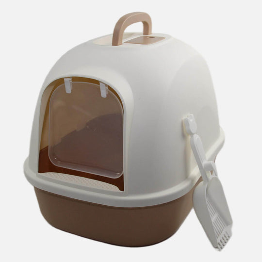 YES4PETS Affordable Portable Hooded Cat Toilet Litter Box with Handle and Scoop, stylish and odor-controlling design in brown.