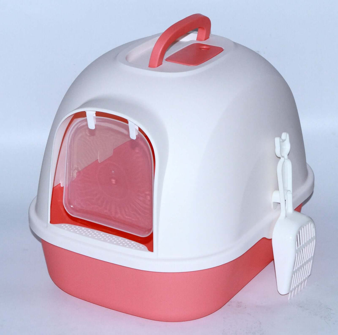 YES4PETS Portable Hooded Cat Toilet Litter Box in red with handle and scoop, ideal for keeping litter contained and ensuring privacy.