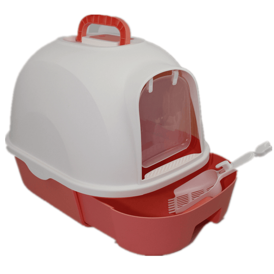 Large red hooded cat litter box with drawer and scoop, offering quality and privacy for your pet in an affordable design.