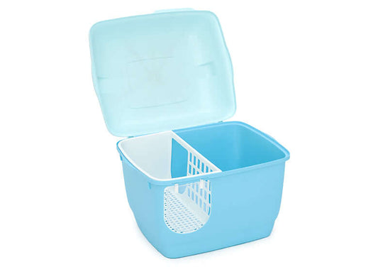 YES4PETS XL portable hooded cat litter box in blue with lid open, showing dual compartments for litter organization.