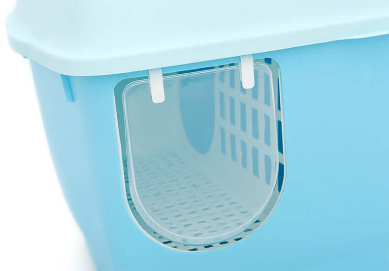 Close-up of the hooded entry of YES4PETS XL Portable Cat Litter Box in blue, designed for privacy and litter containment.