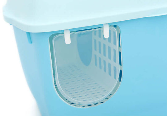 Close-up of the hooded entry of YES4PETS XL Portable Cat Litter Box in blue, designed for privacy and litter containment.