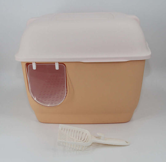 XL Portable Hooded Cat Toilet Litter Box in brown with scoop, designed for privacy and litter control. Affordable pet solution.