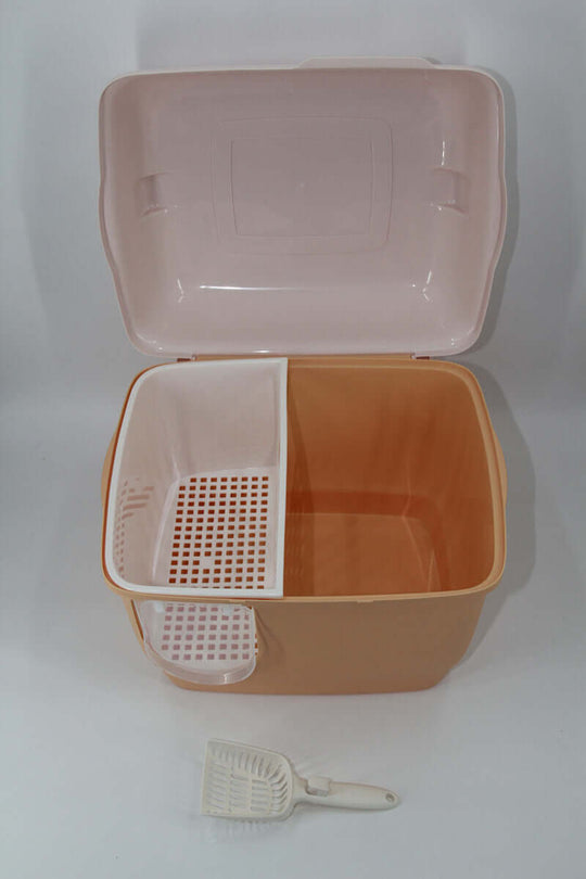 XL portable hooded cat litter box with scoop in brown and peach colors, featuring divided sections for easy cleaning and litter control.