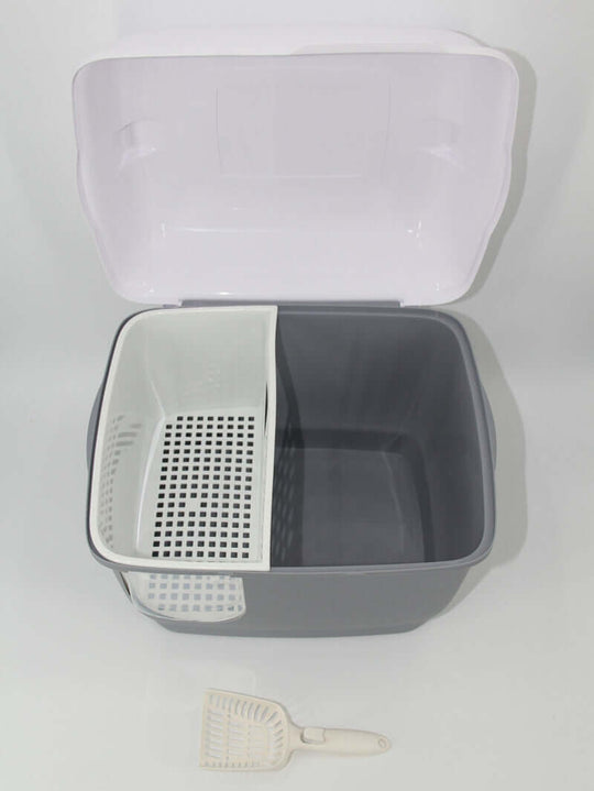 YES4PETS XL Portable Hooded Cat Litter Box Tray in grey with scoop, offering affordability and quality for pet owners.