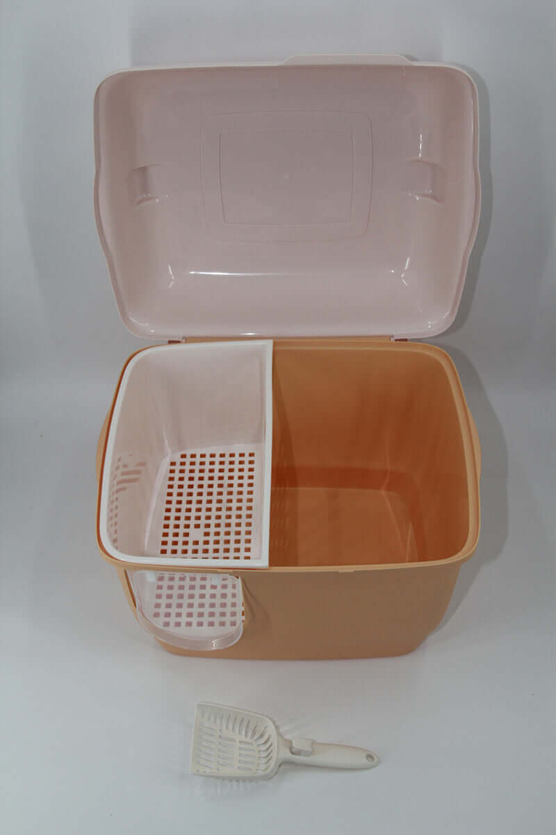 XL portable hooded cat litter box in orange with a scoop, designed to minimize litter scatter and odors. Affordable quality pet product.