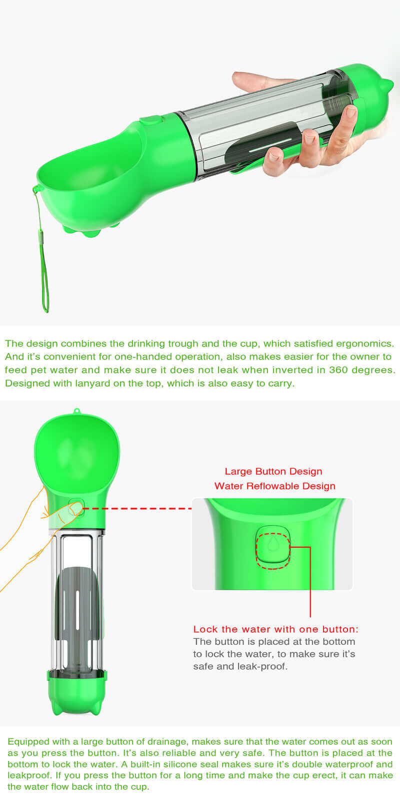 YES4PETS portable green pet water bottle with ergonomic design and large button for easy use.