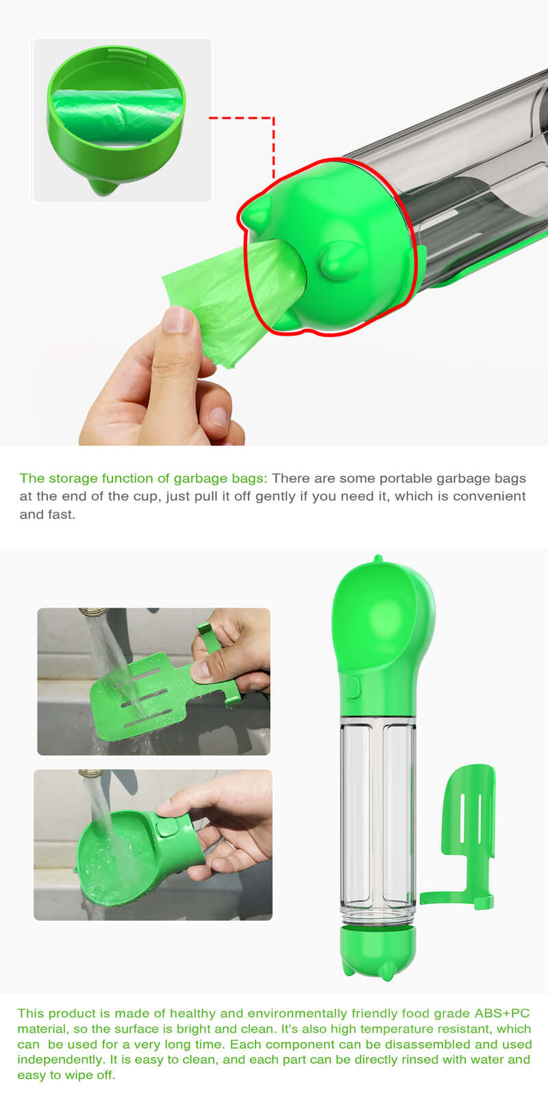 Green portable pet waste bag dispenser showing storage function for easy access on-the-go.