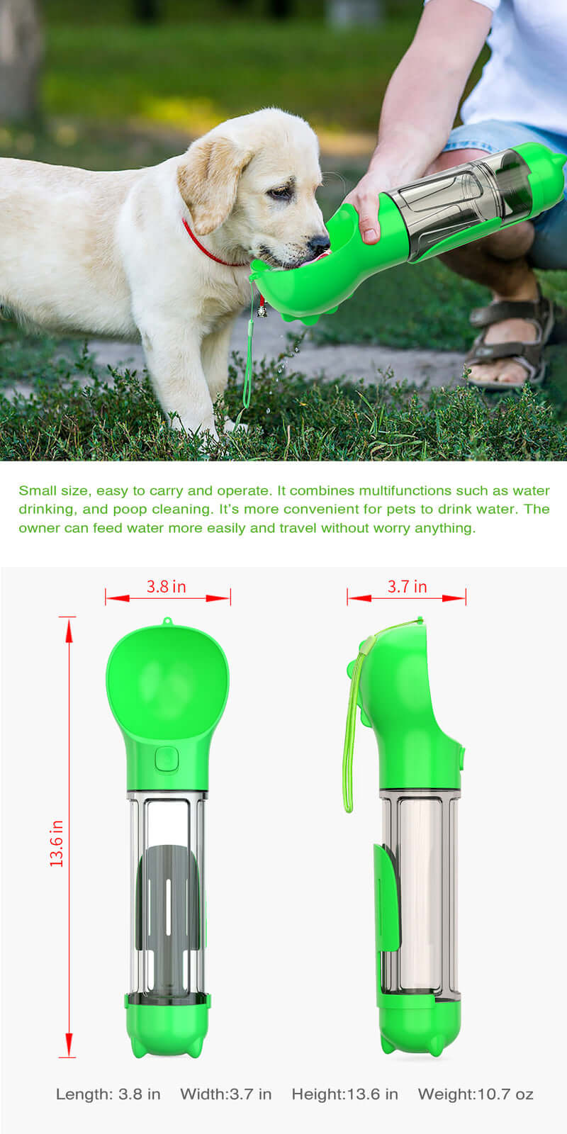 YES4PETS portable pet drinking mug in use with a puppy outdoors, showcasing its 4 in 1 features and eco-friendly design.