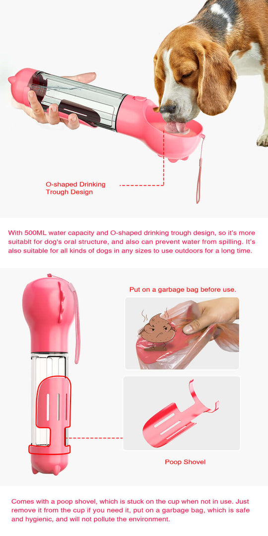 YES4PETS pink 4 in 1 portable pet water bottle with O-shaped drinking trough and poop shovel for dogs.