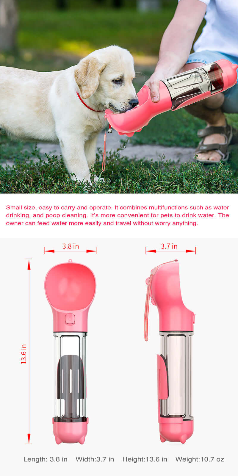 Portable pink pet water bottle for dogs and cats, convenient for travel and hydration on the go.