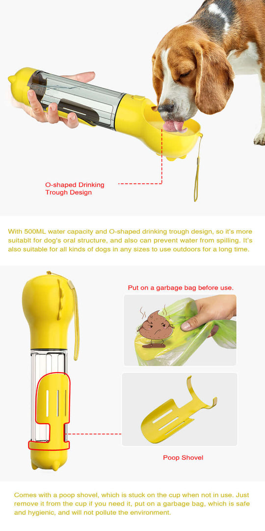 YES4PETS 4 in 1 Portable Dog Water Bottle with shovel in yellow, designed for hydration on the go.