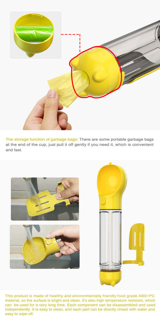 YES4PETS 4 in 1 Portable Pet Water Bottle with built-in garbage bag storage in yellow, designed for convenience and eco-friendliness.