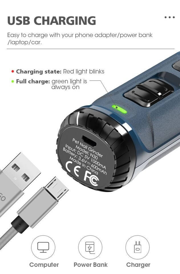 YES4PETS electric nail grinder showing USB charging indicator and charging status details for pet grooming.