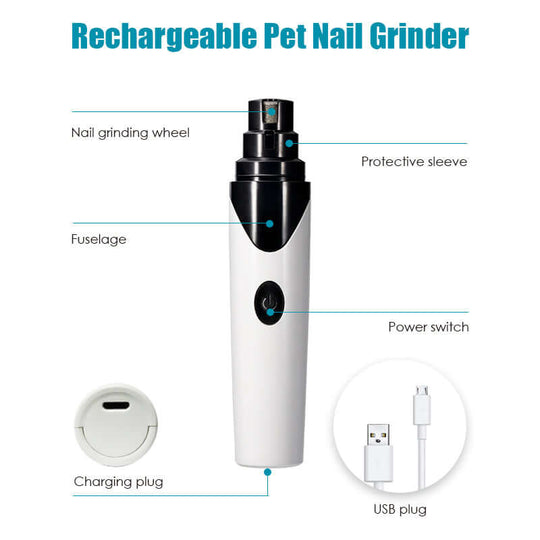 Rechargeable pet nail grinder with USB charging, nail grinding wheel, protective sleeve, and power switch.