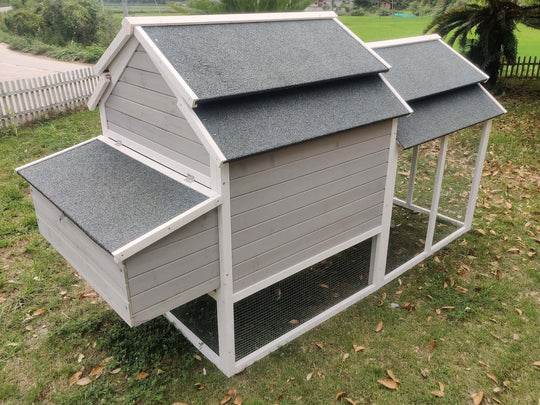 YES4PETS 230 CM XL Chicken Coop features grey wooden design, sloped roofs, and spacious run for chickens, rabbits, and small pets.